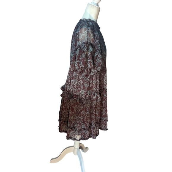 New Whimsigoth Mini Dress ruffled tiered brown/ blue Print flowy NWT sz S - Picture 5 of 13